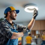 A photograph of a lighting contractor installing a 6-inch recessed housing fixture in a modern home setting