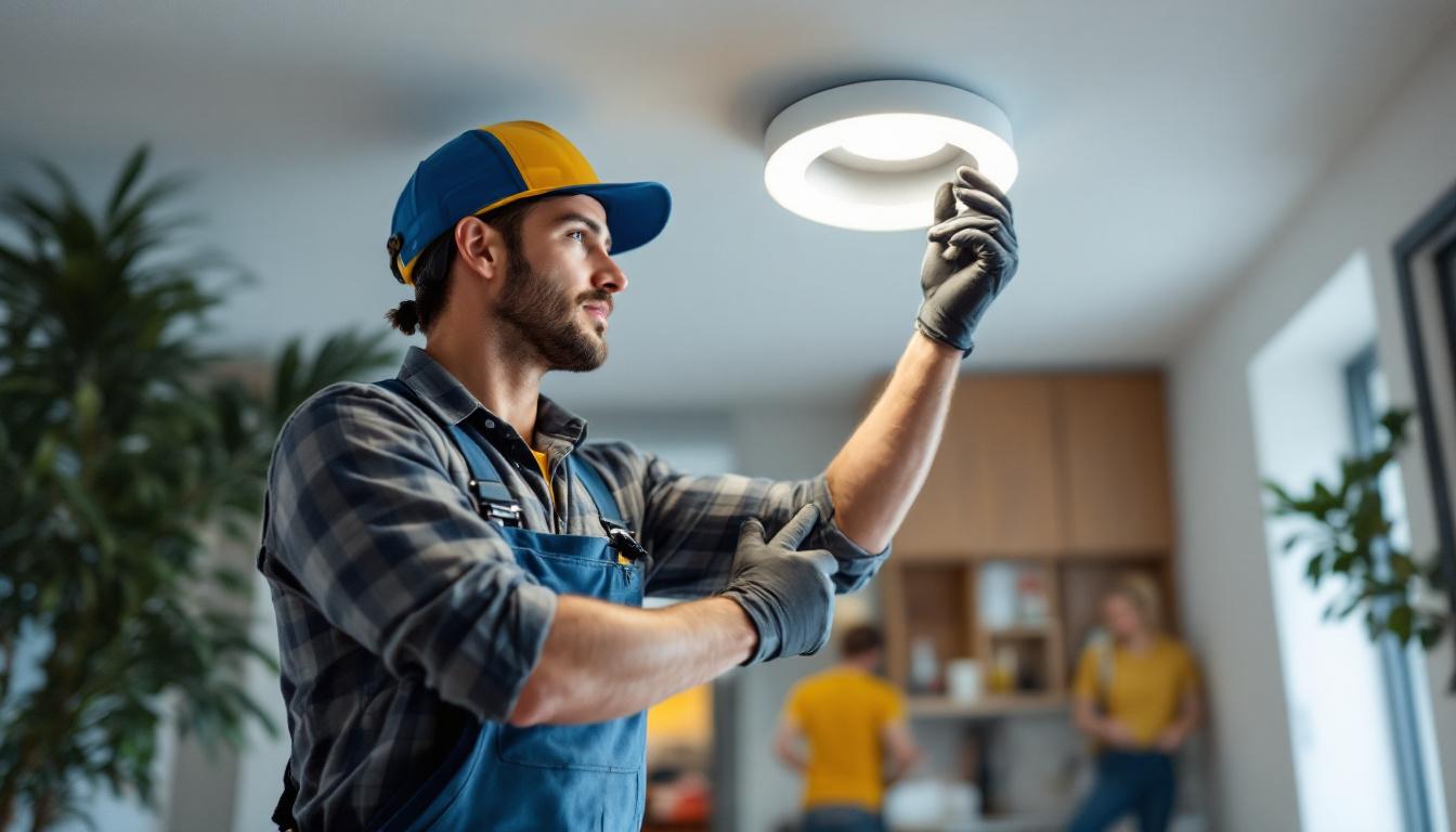 A photograph of a lighting contractor installing a 6-inch recessed housing fixture in a modern home setting