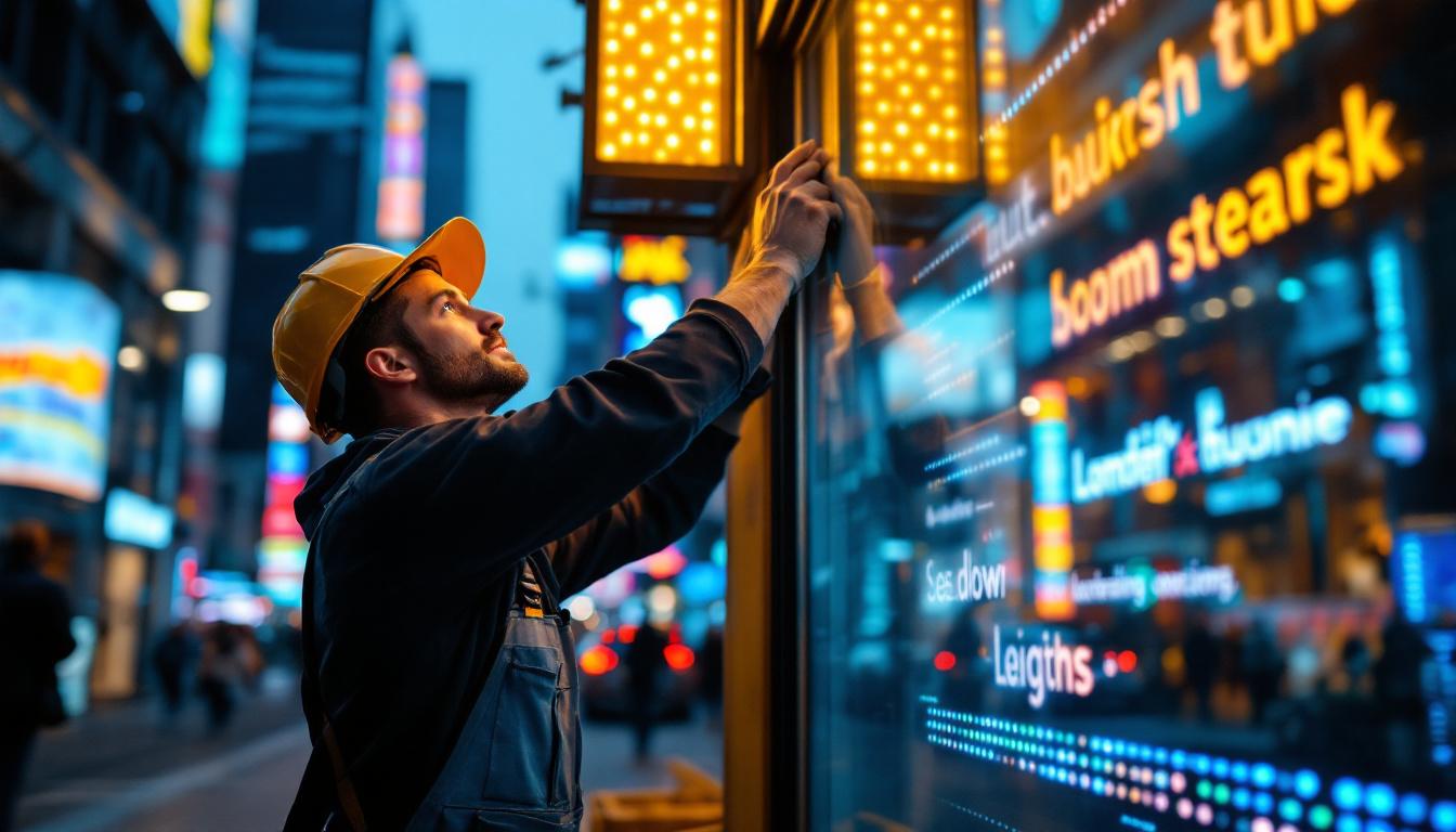 A photograph of a skilled lighting contractor installing vibrant