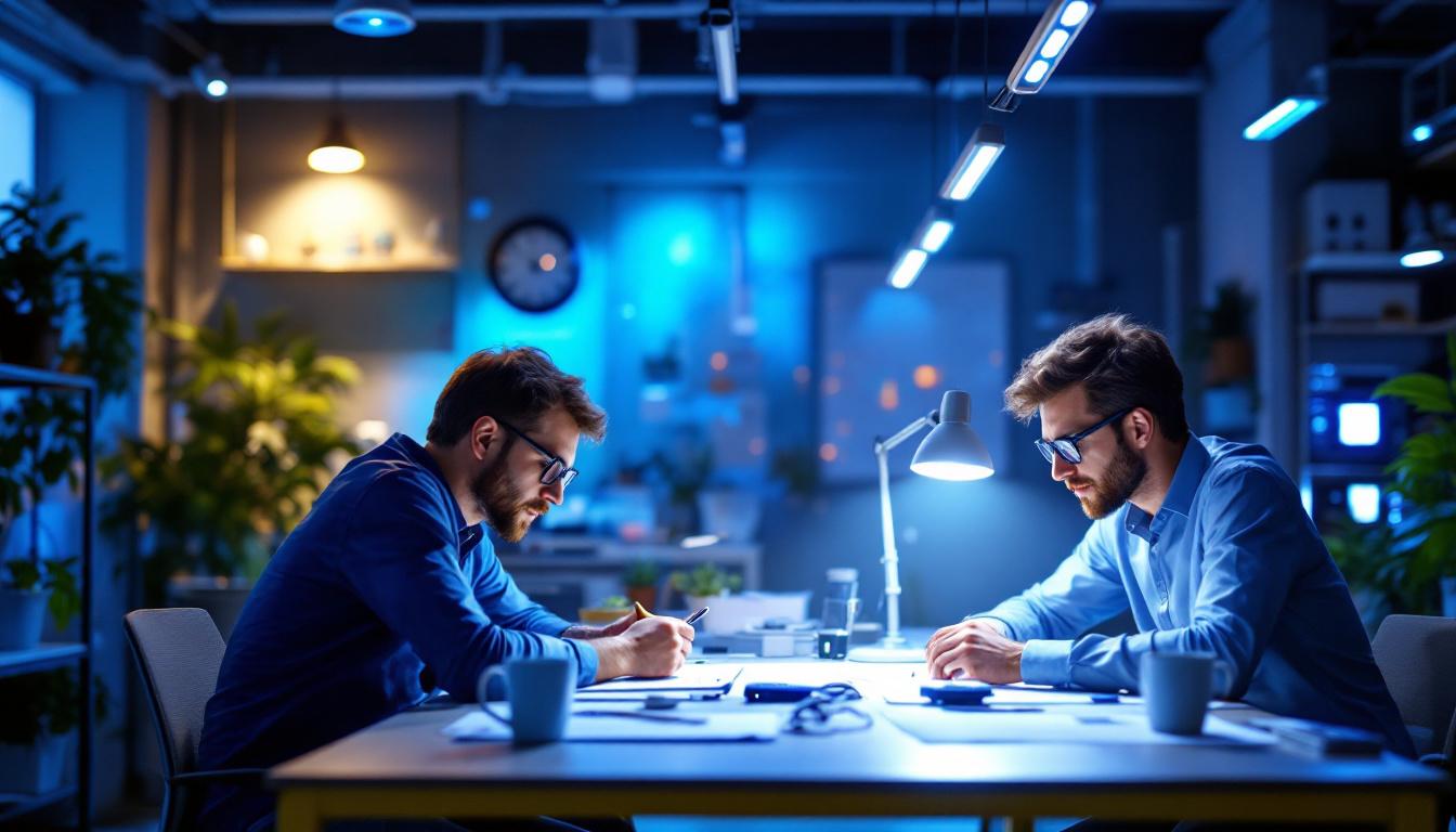 A photograph of a well-lit workspace showcasing a variety of led lights in use
