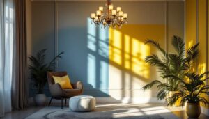 A photograph of a beautifully styled room featuring an elegant chandelier
