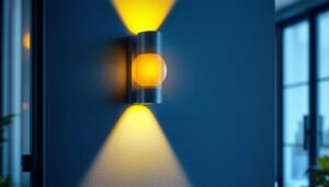 A photograph of a stylish wall sconce illuminated with energy-efficient led bulbs in a modern interior setting