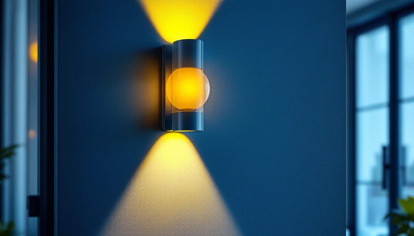 A photograph of a stylish wall sconce illuminated with energy-efficient led bulbs in a modern interior setting