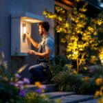 A photograph of a skilled lighting contractor expertly installing an outdoor box cover in a beautifully landscaped setting