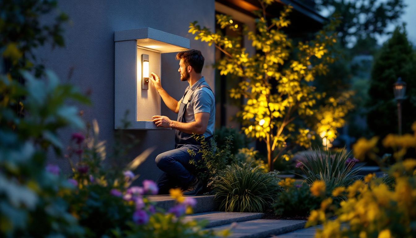 A photograph of a skilled lighting contractor expertly installing an outdoor box cover in a beautifully landscaped setting
