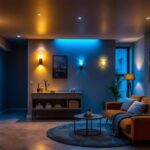 A photograph of a well-lit basement space showcasing a variety of lighting options