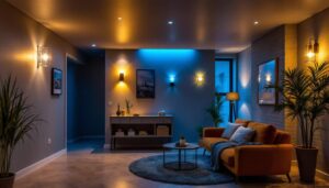 A photograph of a well-lit basement space showcasing a variety of lighting options