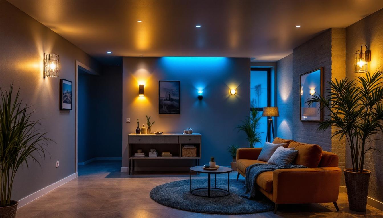 A photograph of a well-lit basement space showcasing a variety of lighting options