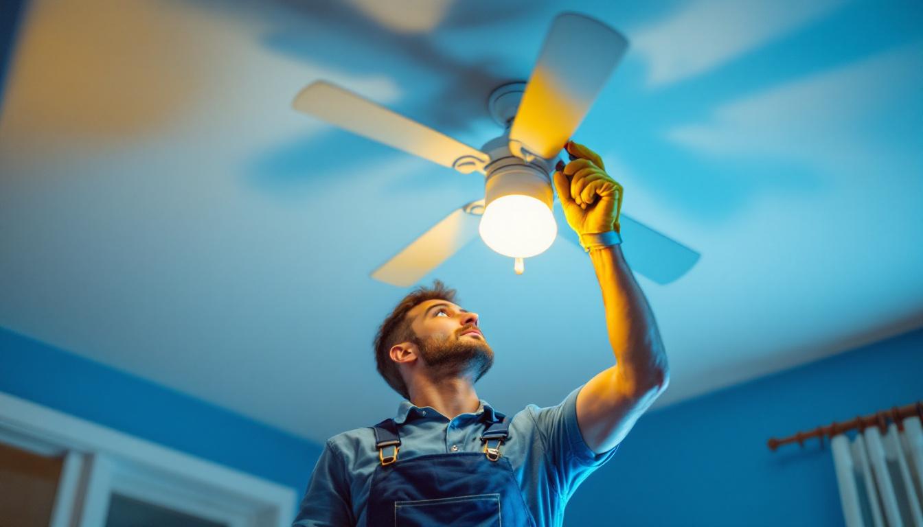 A photograph of a skilled lighting contractor installing a ceiling fan