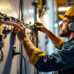 A photograph of a lighting contractor expertly installing a 0-10v dimmable lighting system