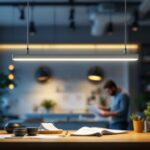 A photograph of a modern led linear pendant light elegantly illuminating a stylish workspace