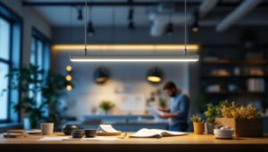 A photograph of a modern led linear pendant light elegantly illuminating a stylish workspace
