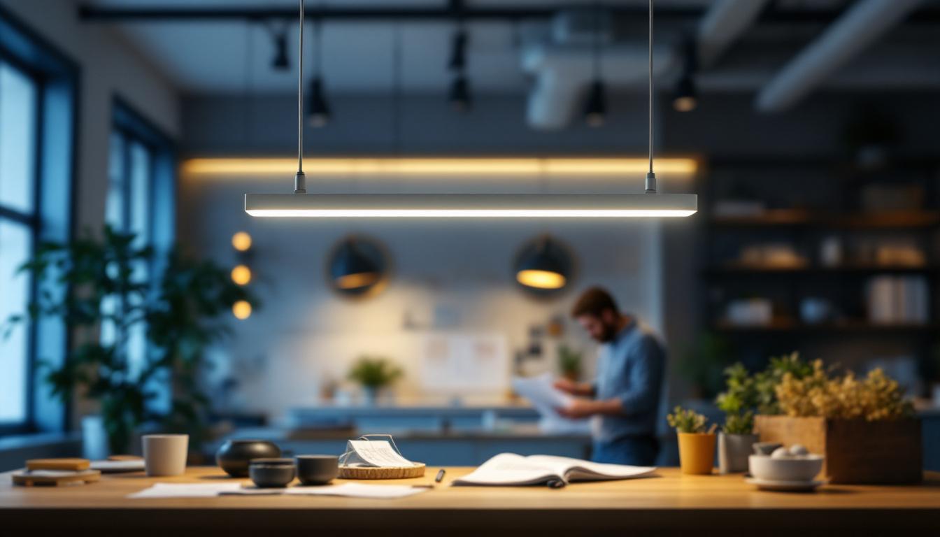 A photograph of a modern led linear pendant light elegantly illuminating a stylish workspace