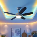 A photograph of a stylish decorative ceiling fan with integrated lighting in a beautifully designed room