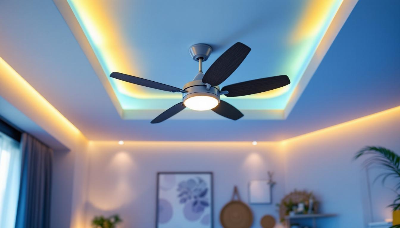 A photograph of a stylish decorative ceiling fan with integrated lighting in a beautifully designed room