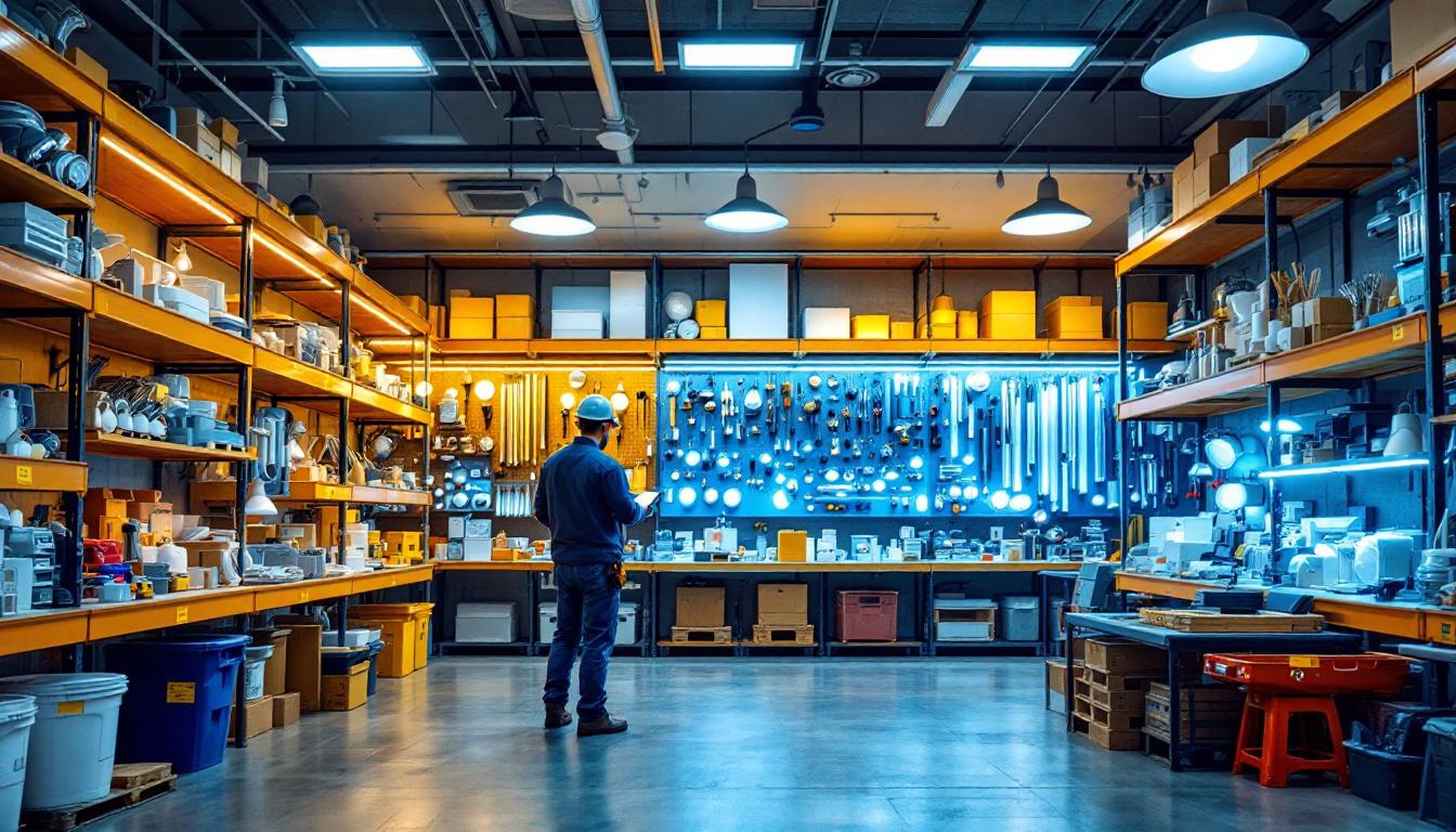 A photograph of a well-organized commercial lighting supply store
