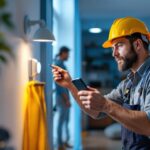 A photograph of a lighting contractor installing a sensor switch in a residential setting