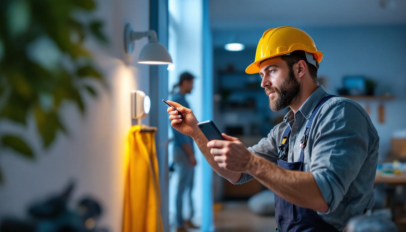 A photograph of a lighting contractor installing a sensor switch in a residential setting