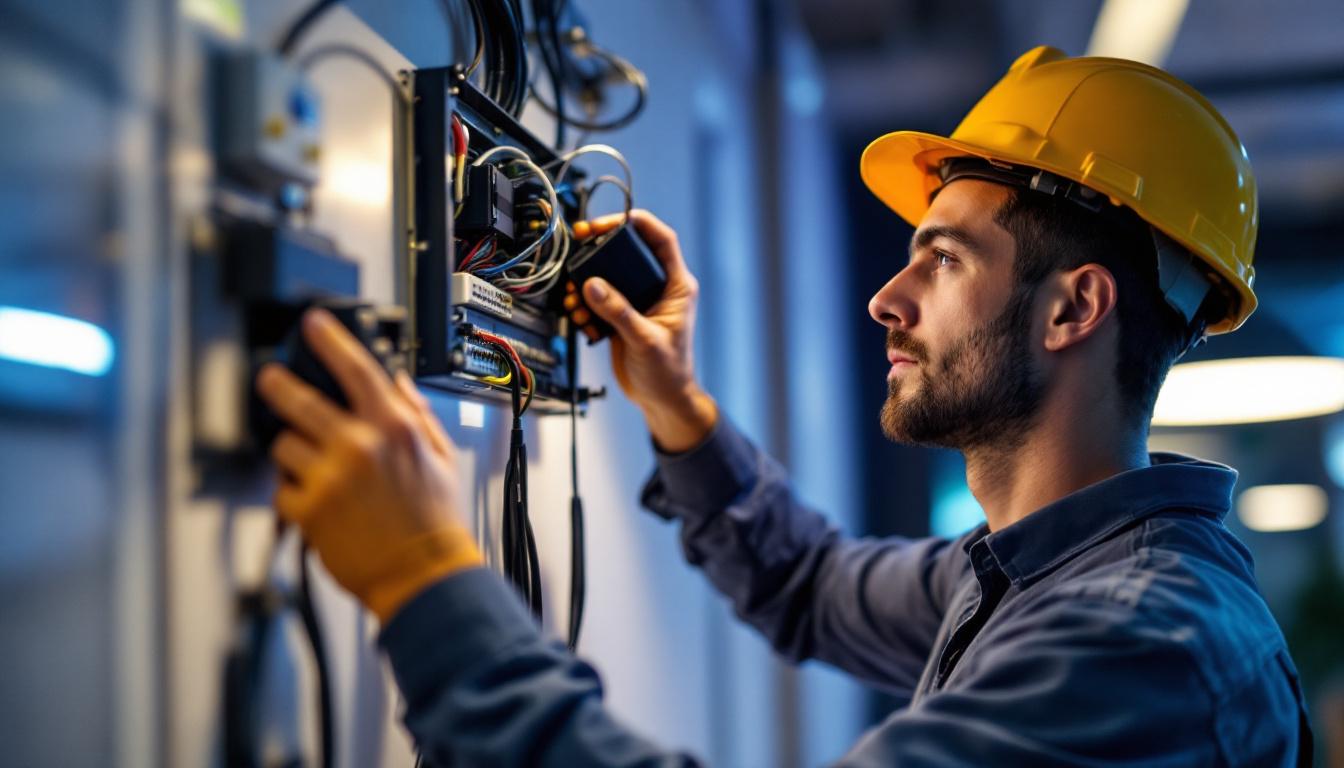 A photograph of a lighting contractor expertly installing or adjusting a dimming pack in a modern commercial space