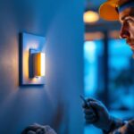 A photograph of a skilled lighting contractor installing a 4-way dimmer switch in a modern home setting