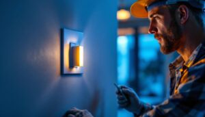 A photograph of a skilled lighting contractor installing a 4-way dimmer switch in a modern home setting