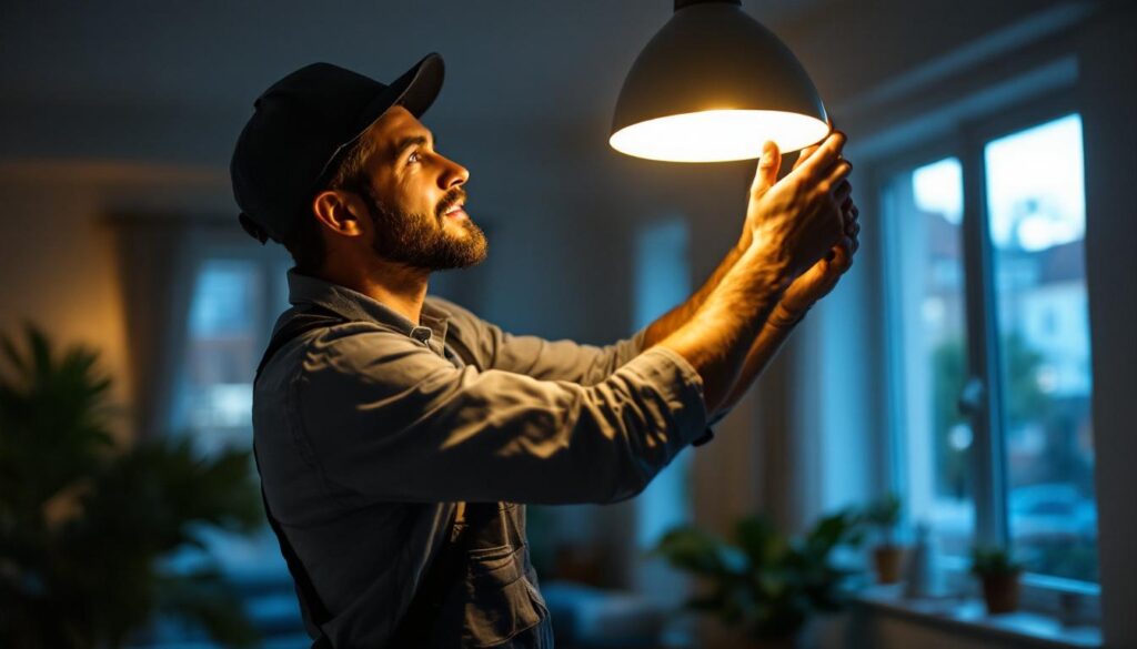 A photograph of a lighting contractor expertly installing or adjusting a stylish and modern lighting fixture in a well-lit residential or commercial space