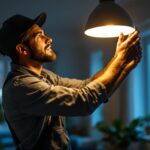 A photograph of a lighting contractor expertly installing or adjusting a stylish and modern lighting fixture in a well-lit residential or commercial space