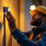 A photograph of a lighting contractor installing a remote movement sensor in a residential setting