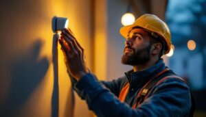 A photograph of a lighting contractor installing a remote movement sensor in a residential setting