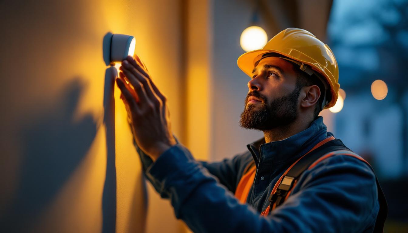 A photograph of a lighting contractor installing a remote movement sensor in a residential setting