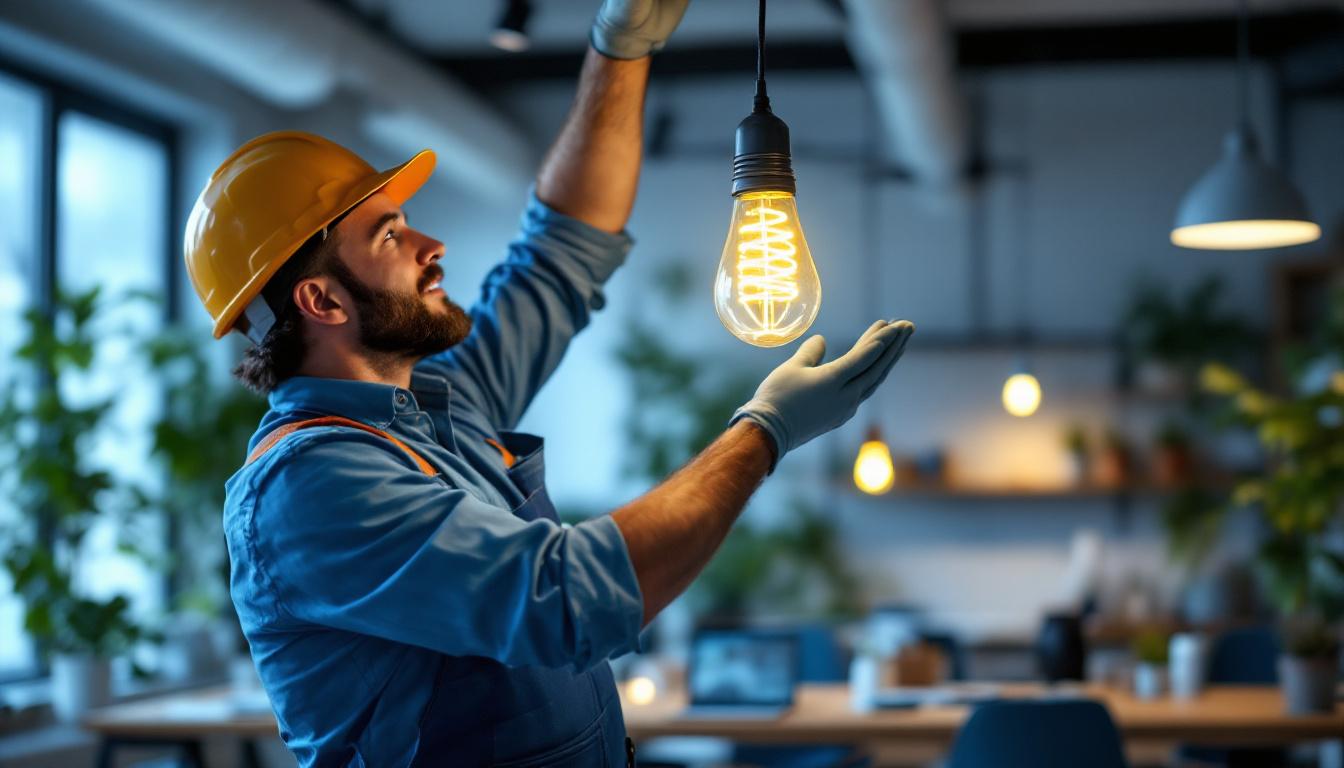 A photograph of a lighting contractor installing energy-efficient green creative light bulbs in a modern workspace