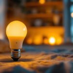 A photograph of a type b 7-watt bulb illuminated in a cozy home setting