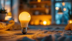 A photograph of a type b 7-watt bulb illuminated in a cozy home setting