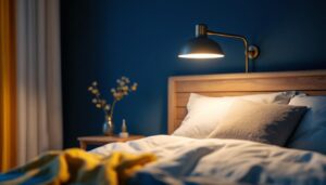 A photograph of a well-designed over bed lamp in a cozy bedroom setting