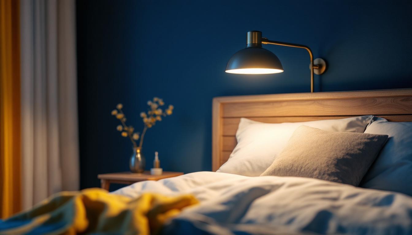 A photograph of a well-designed over bed lamp in a cozy bedroom setting