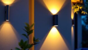 A photograph of a beautifully illuminated outdoor space featuring solar light sconces installed on a stylish wall