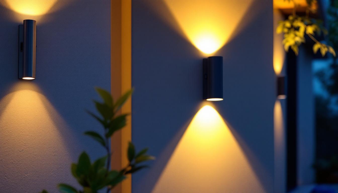 A photograph of a beautifully illuminated outdoor space featuring solar light sconces installed on a stylish wall
