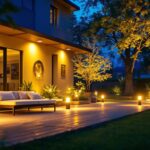 A photograph of a beautifully illuminated outdoor space showcasing various led flood lights in action