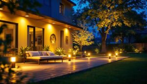 A photograph of a beautifully illuminated outdoor space showcasing various led flood lights in action