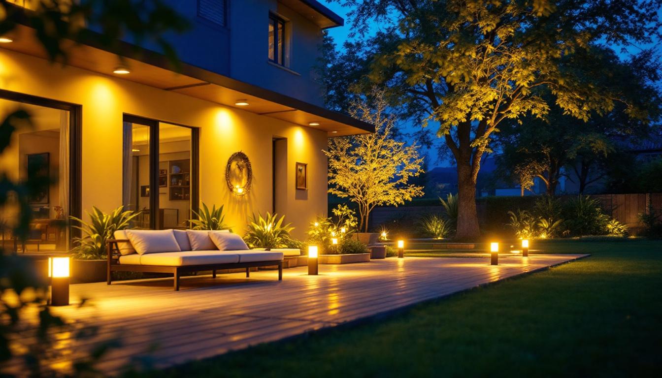 A photograph of a beautifully illuminated outdoor space showcasing various led flood lights in action