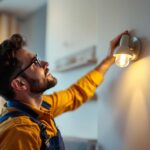A photograph of a skilled lighting contractor expertly installing a stylish wall packet light fixture in a modern interior