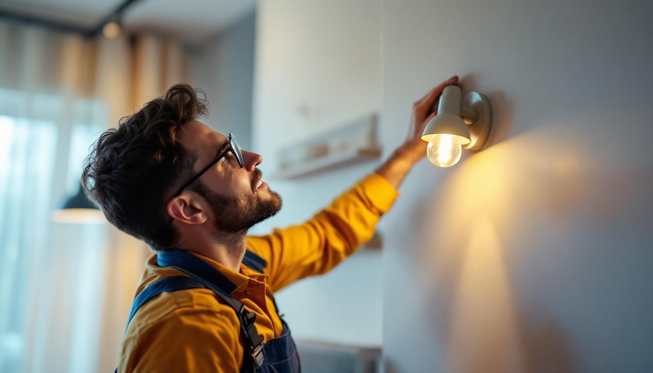 A photograph of a skilled lighting contractor expertly installing a stylish wall packet light fixture in a modern interior