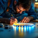 A photograph of a skilled lighting contractor in a well-lit workshop