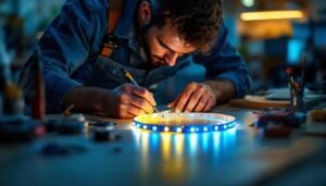 A photograph of a skilled lighting contractor in a well-lit workshop