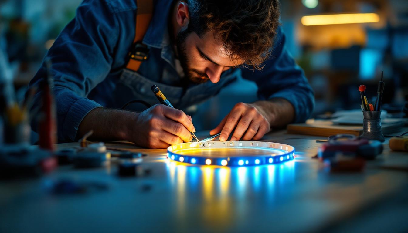 A photograph of a skilled lighting contractor in a well-lit workshop