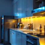 A photograph of a beautifully illuminated kitchen showcasing stick-on under cabinet lighting