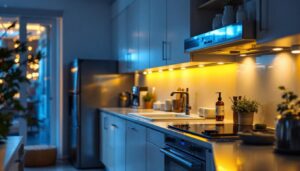 A photograph of a beautifully illuminated kitchen showcasing stick-on under cabinet lighting