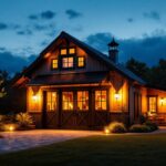 A photograph of a beautifully designed exterior barn featuring sleek black barn lights illuminating the surrounding area at dusk