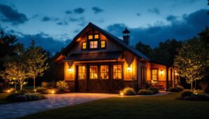 A photograph of a beautifully designed exterior barn featuring sleek black barn lights illuminating the surrounding area at dusk