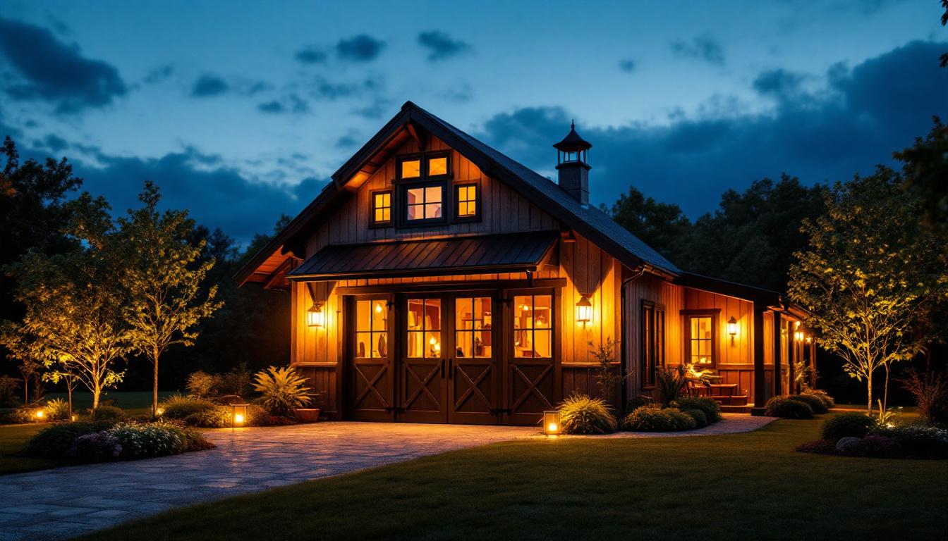 A photograph of a beautifully designed exterior barn featuring sleek black barn lights illuminating the surrounding area at dusk